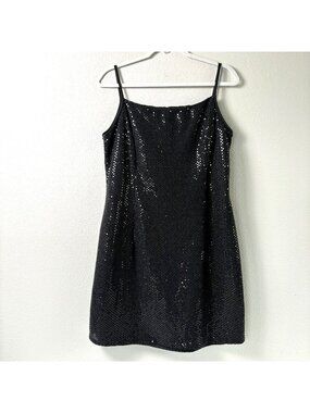 Jessica McClintock Gunne Sax Slip Dress 11 12 Black Sequin Mini Y2K Whimsigoth